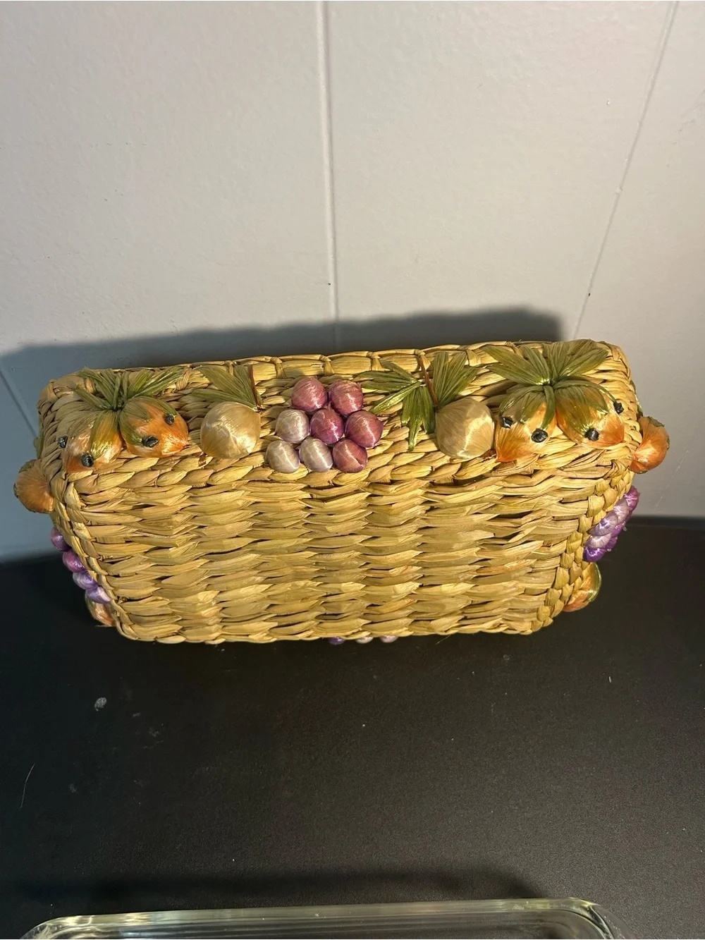 Vintage Pyrex casserole dish 3D fruit motif woven raffia basket